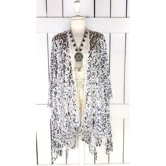 White silver round fringe tassel sequin kimono cover up cardigan jacket - Picture 5 of 5